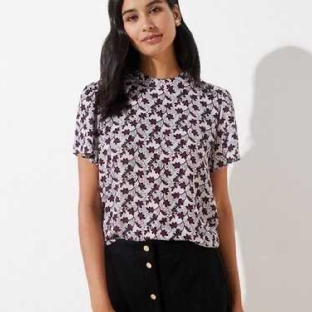 Loft Women's Size XXS Petite Blouse Short Sleeve Mock Neck White Burgundy Floral